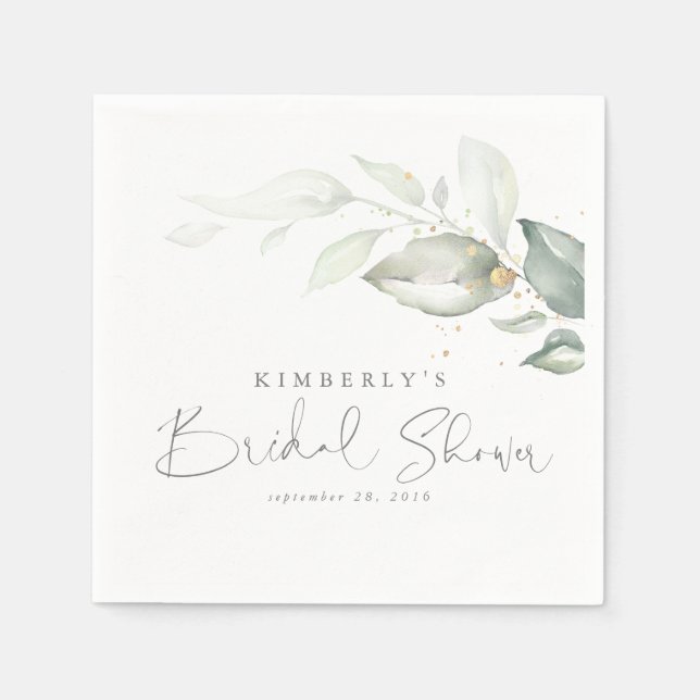 Gold Greenery Leaves Elegant Bridal Shower Napkins (Front)