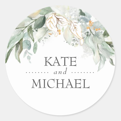 Gold Greenery Leaves Wreath Wedding Classic Round Sticker