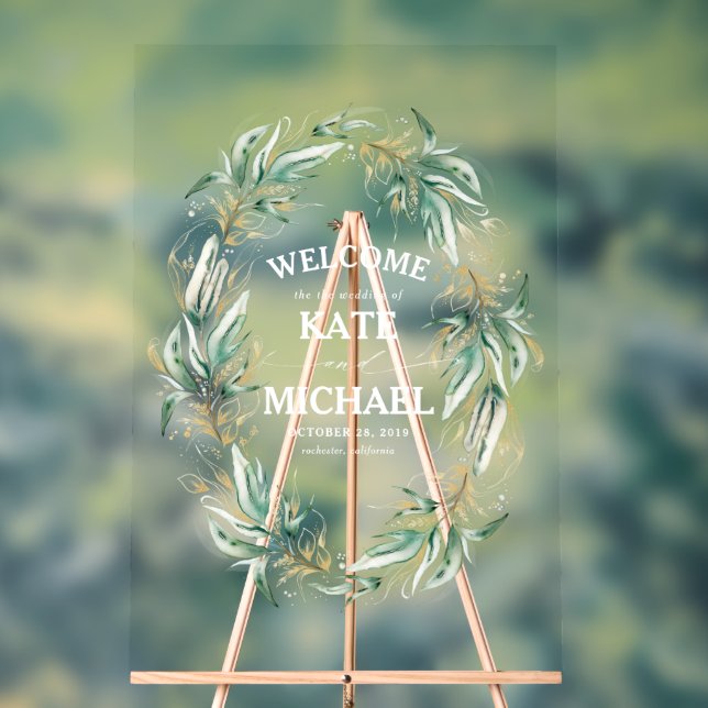 Gold Greenery Leaves Wreath Wedding Welcome Acrylic Sign (Neutral)