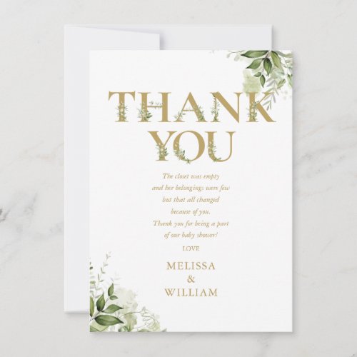 Gold Greenery Letter Baby Shower Poem Thank You Card