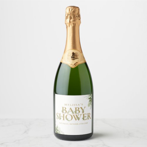 Gold Greenery Letter Baby Shower Sparkling Wine Label