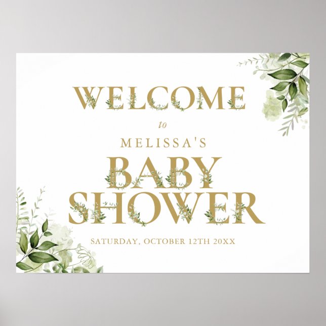 Gold Greenery Letter Baby Shower Welcome Sign (Front)