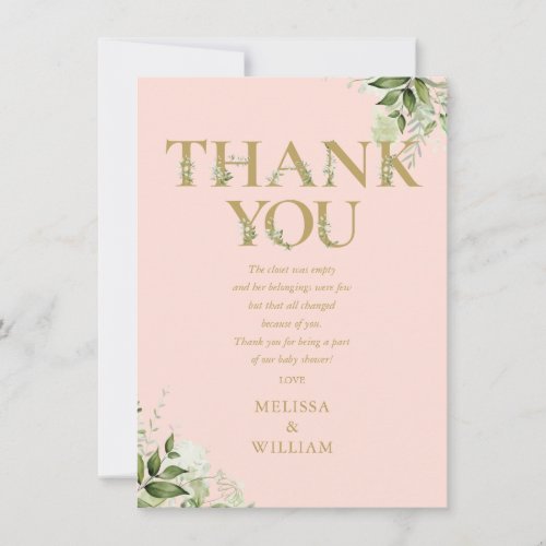 Gold Greenery Letter Pink Baby Shower Poem Thank You Card
