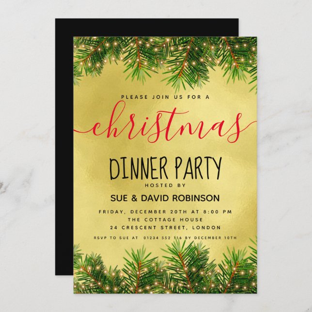 Gold Greenery Lights Christmas Holiday Dinner Invitation (Front/Back)