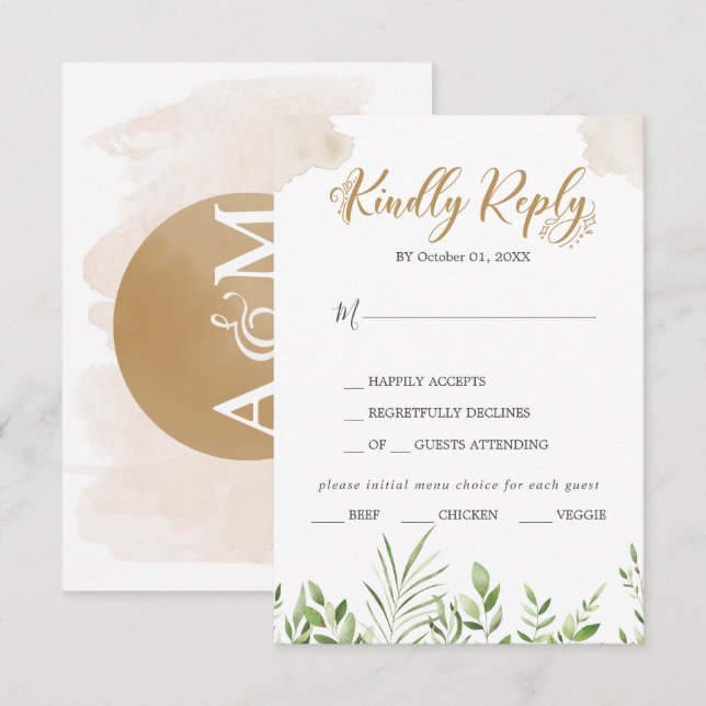 Gold Greenery Menu Choice Wedding RSVP Card (Front/Back)