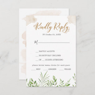 Gold Greenery Menu Choice Wedding RSVP Card