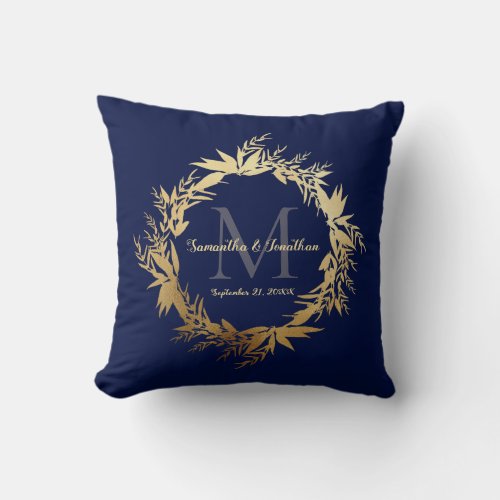 Gold Greenery Monogram Navy Blue Wedding Keepsake Throw Pillow