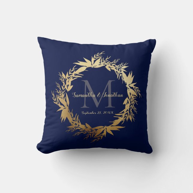 Gold Greenery Monogram Navy Blue Wedding Keepsake Throw Pillow (Front)
