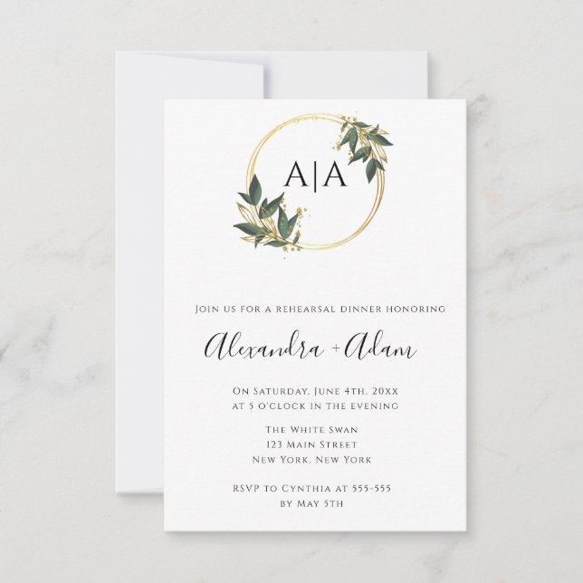 Gold Greenery Monogram Rehearsal Dinner Invitation (Front)