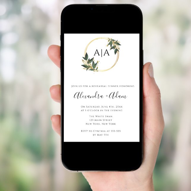 Gold Greenery Monogram Rehearsal Dinner Invitation (Front Digital)
