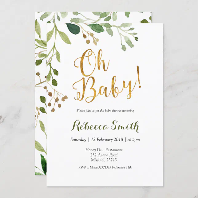 Gold Greenery Oh Baby Baby Shower Invitation 