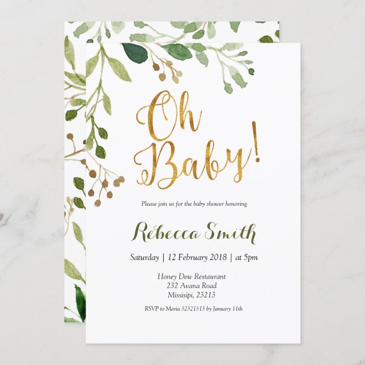 Gold Greenery Oh Baby Baby Shower Invitation | Zazzle