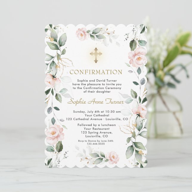 Gold Greenery Pink Flowers Cross Confirmation Invitation (Standing Front)