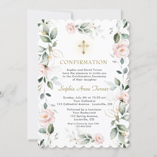 Gold Greenery Pink Flowers Cross Confirmation Invitation | Zazzle