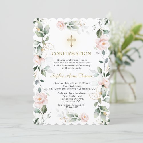 Gold Greenery Pink Flowers Cross Confirmation Invitation