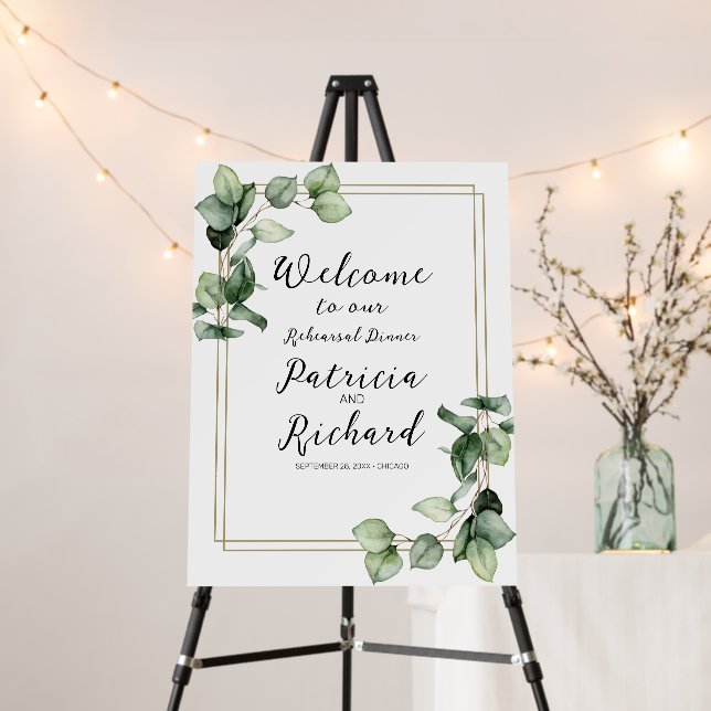 Gold Greenery Rehearsal Dinner Welcome Sign Board (In Situ (Stand))