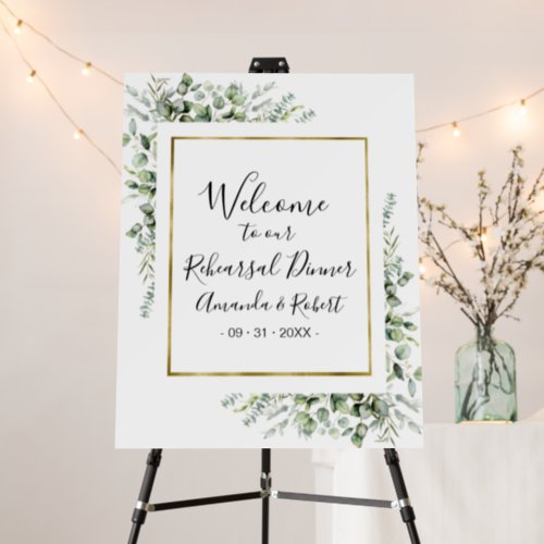 Gold Greenery Rehearsal Dinner Welcome Sign Board