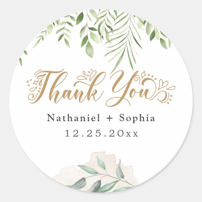 Gold Greenery Thank You Wedding Favor Sticker (Front)