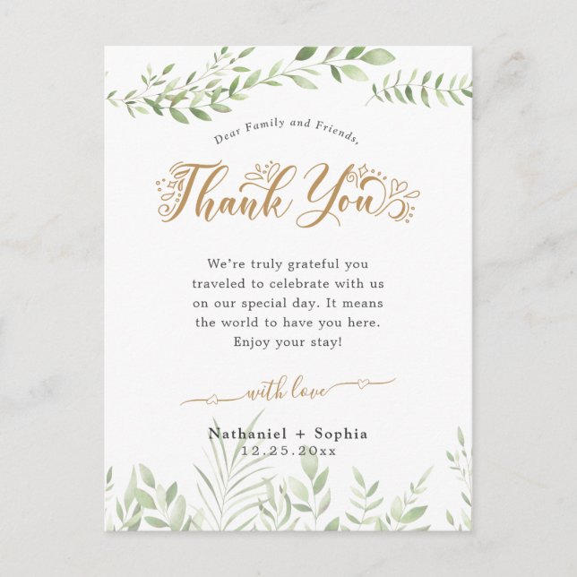 Gold Greenery Watercolor Thank You Reception Card (Front)