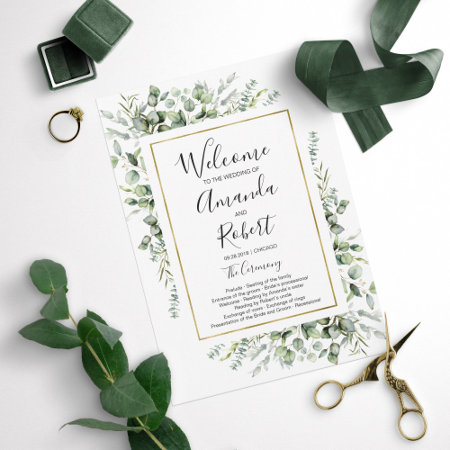 Gold Greenery Watercolor Wedding Ceremony Program