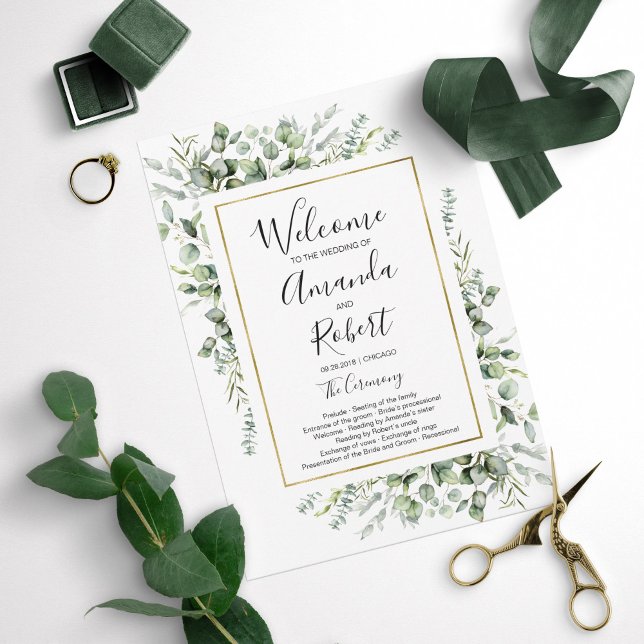 Gold Greenery Watercolor Wedding Ceremony Program (Creator Uploaded)