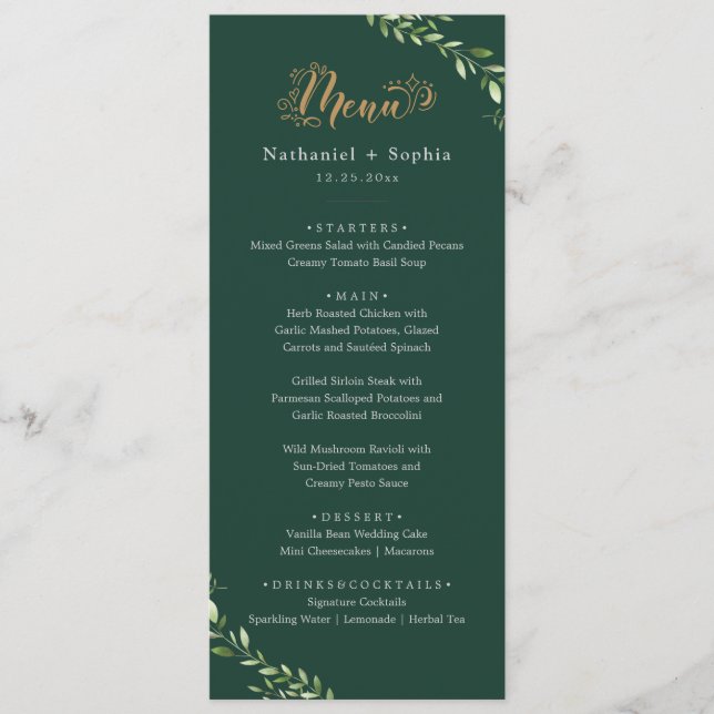 Gold Greenery Watercolor Wedding Dinner Menu (Front)