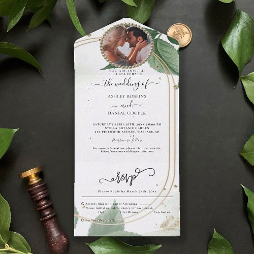 Gold Greenery Wedding All In One Invitation