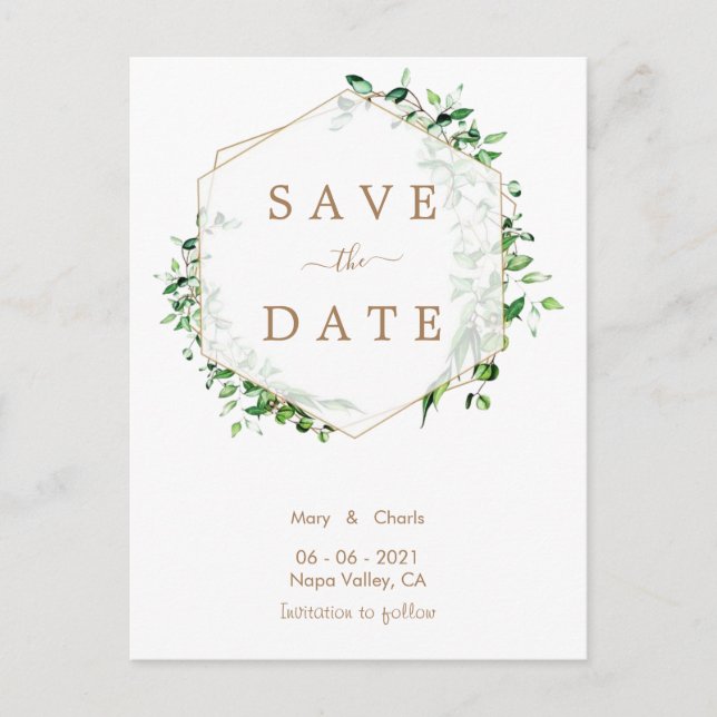 Gold Greenery Wedding Save the Date postcard (Front)