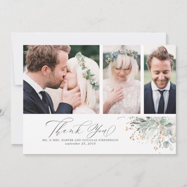 Gold Greenery Wedding Thank You Photo Card (Front)