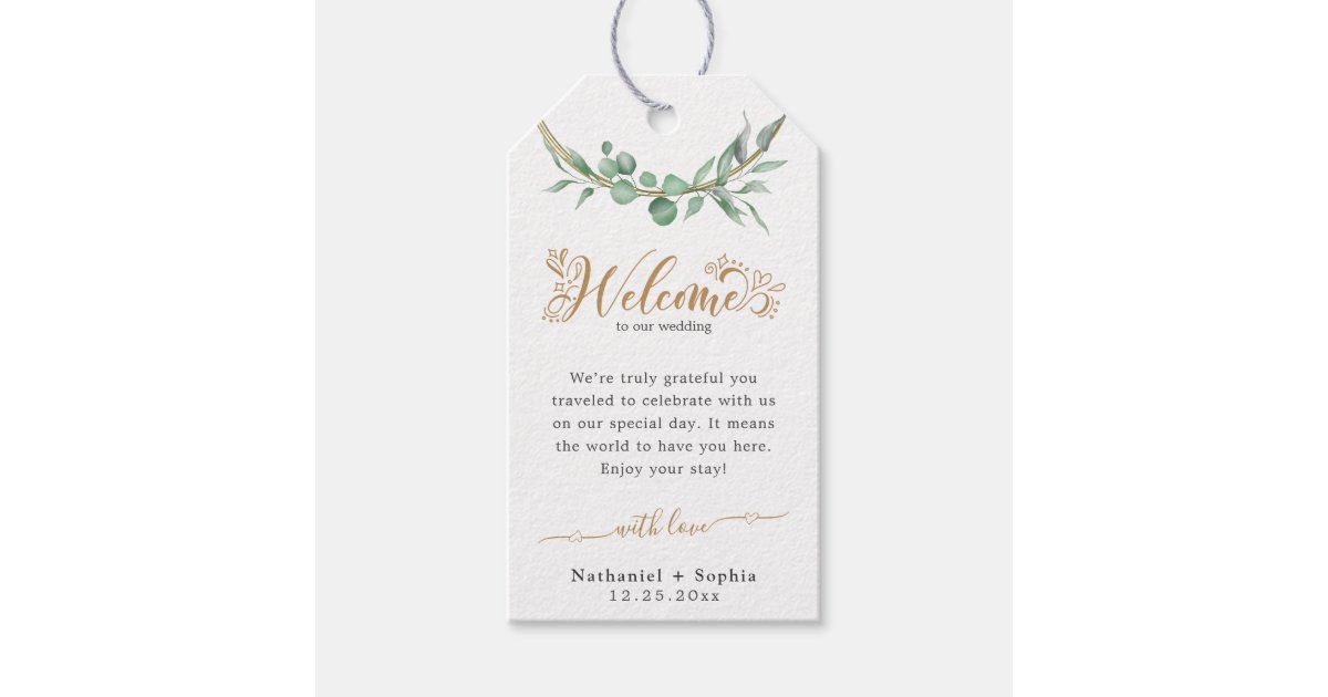 Gold Greenery Wedding Welcome Gift Tags | Zazzle