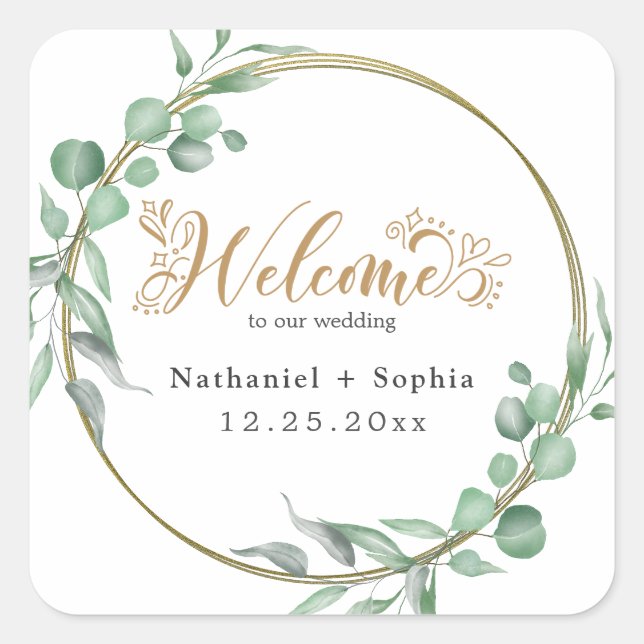 Gold Greenery Wedding Welcome Square Sticker (Front)