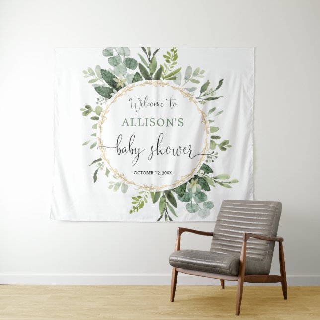 Gold greenery wreath baby shower backdrop sign (In Situ (Horizontal))