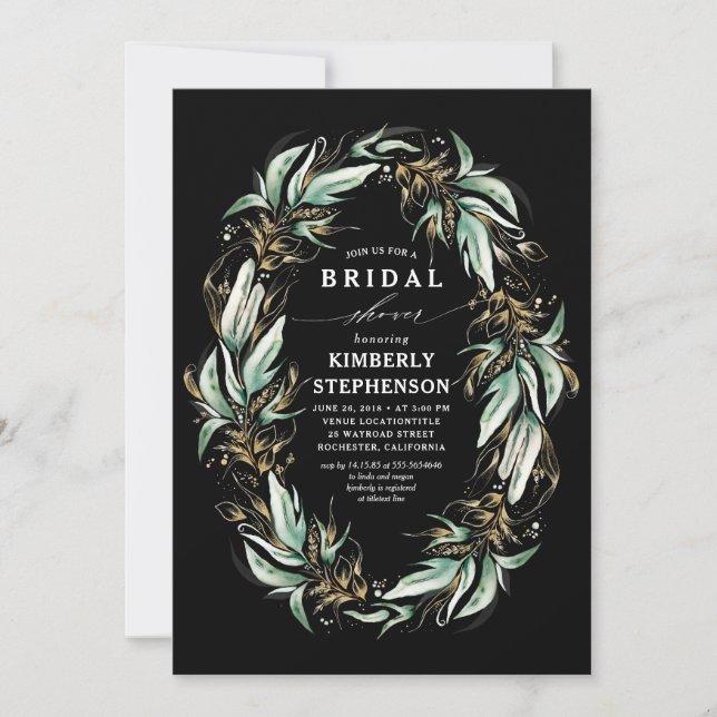 Gold Greenery Wreath Black Boho Bridal Shower Invitation (Front)