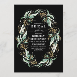 Gold Greenery Wreath Black Boho Bridal Shower Invitation