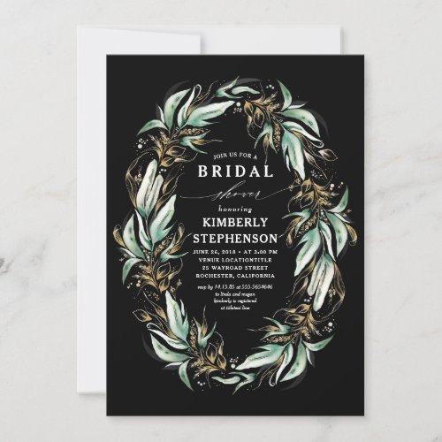 Gold Greenery Wreath Black Boho Bridal Shower Invitation