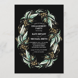 Gold Greenery Wreath Black Modern Engagement Party Invitation