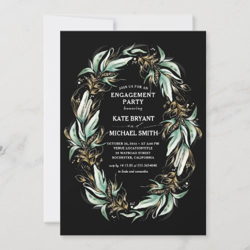 Gold Greenery Wreath Black Modern Engagement Party Invitation