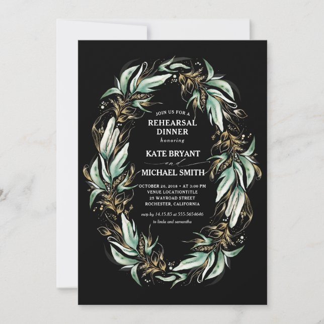 Gold Greenery Wreath Black Modern Rehearsal Dinner Invitation (Front)