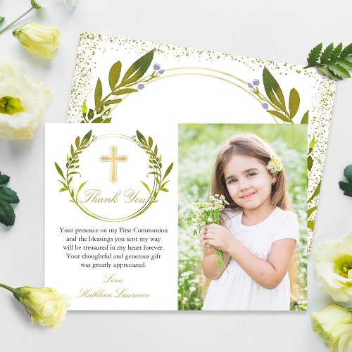 Gold Greenery Wreath Communion Thank you Card