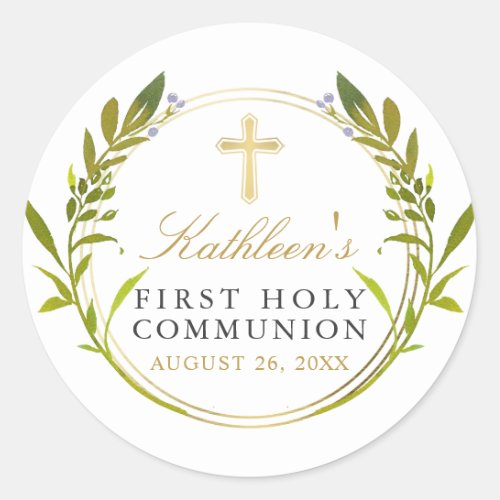 Gold Greenery Wreath First Holy Communion Classic Round Sticker
