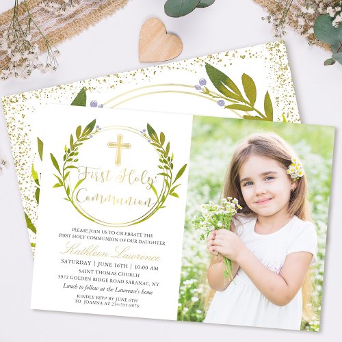 Gold Greenery Wreath First Holy Communion Photo Invitation