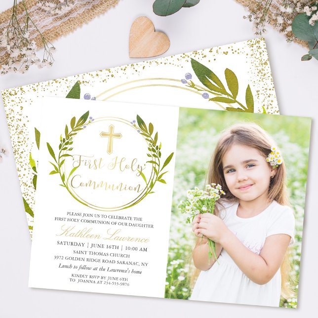 Gold Greenery Wreath First Holy Communion Photo Invitation (Creator Uploaded)