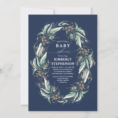 Gold Greenery Wreath Navy Blue Boho Baby Shower Invitation
