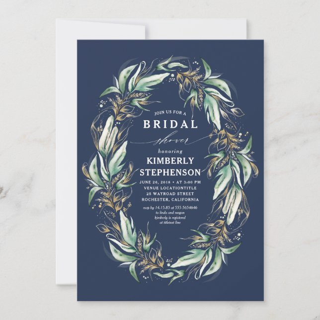 Gold Greenery Wreath Navy Blue Boho Bridal Shower Invitation (Front)