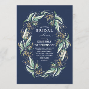 Gold Greenery Wreath Navy Blue Boho Bridal Shower Invitation