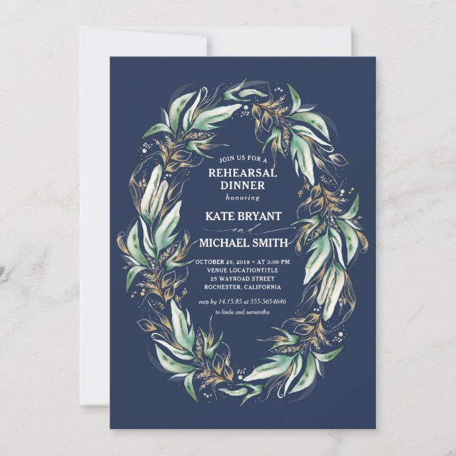 Gold Greenery Wreath Navy Blue Rehearsal Dinner Invitation (Front)