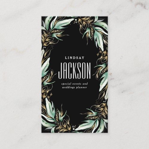 Gold Greenery Wreath Stylish Luxe Solid Black Business Card