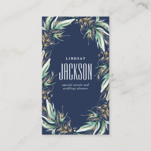 Gold Greenery Wreath Stylish Navy Blue Business Card