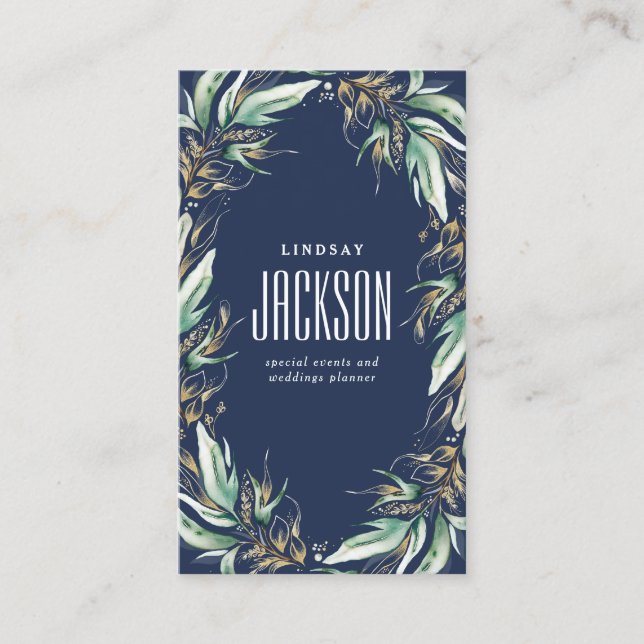 Gold Greenery Wreath Stylish Navy Blue Business Card (Front)