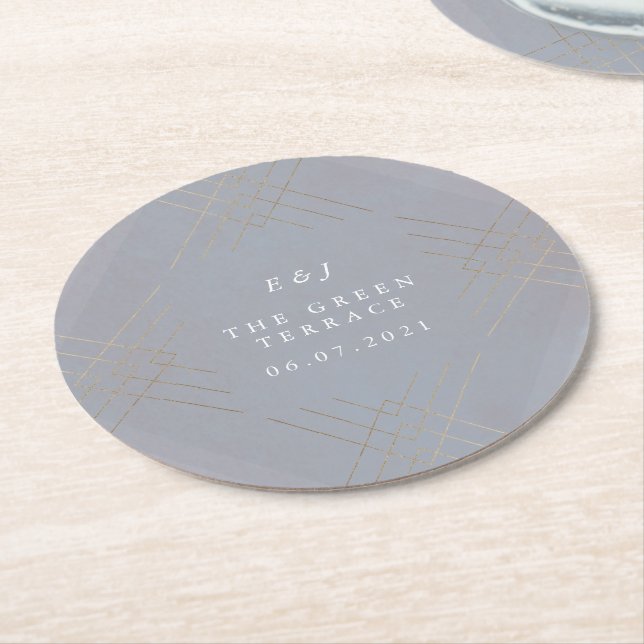 Gold Grey Elegance Diamond Geo Deco Wedding Round Paper Coaster (Angled)